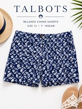 Talbots Blue White Batik Print Chino Shorts Size 12 Coastal Resort 7” Inseam